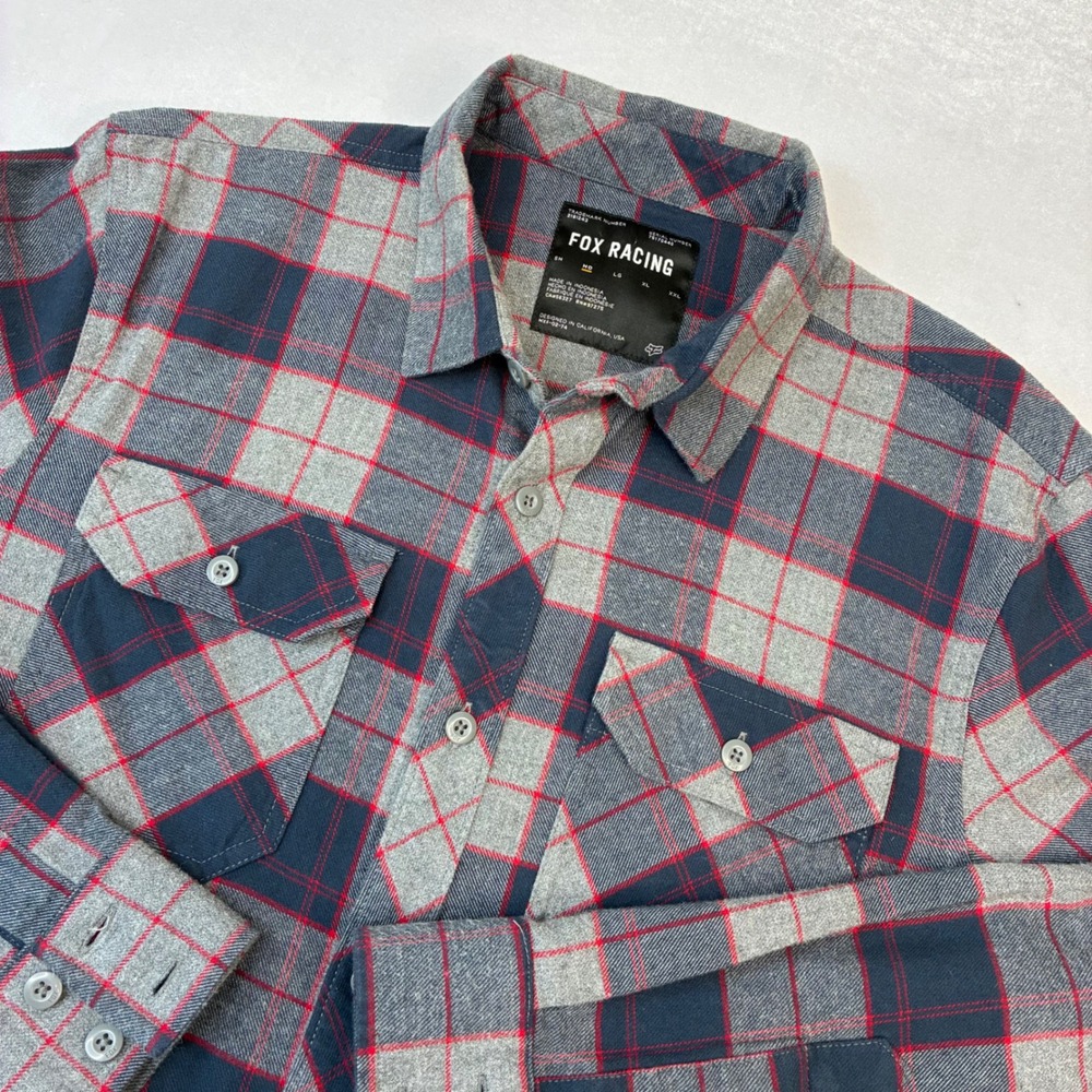 Fox Racing Flannel Shirt Mens Medium Grey Navy Red Plaid‎ Long Sleeve MXF-02-74